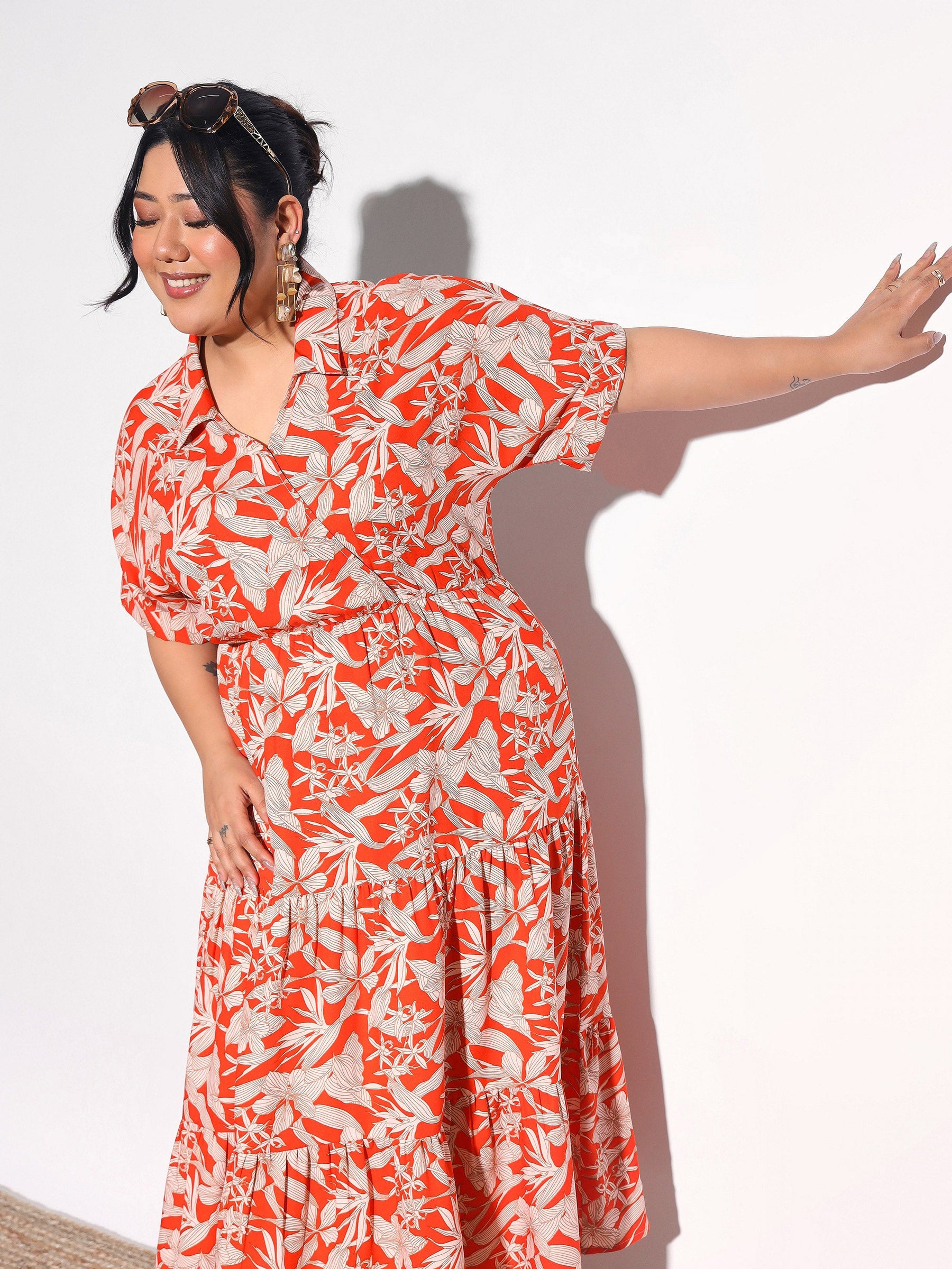 Orange Floral Wrap Tiered Midi Dress-SASSAFRAS Curve
