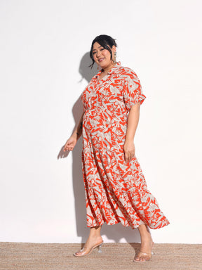 Orange Floral Wrap Tiered Midi Dress-SASSAFRAS Curve