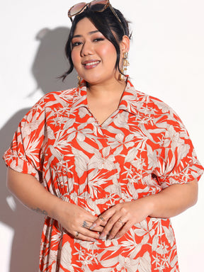 Orange Floral Wrap Tiered Midi Dress-SASSAFRAS Curve