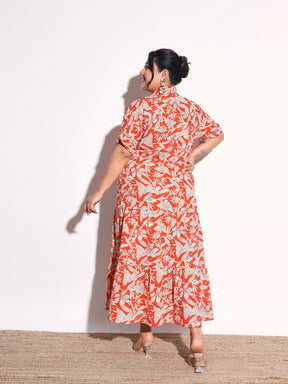 Orange Floral Wrap Tiered Midi Dress-SASSAFRAS Curve