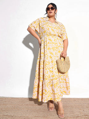Yellow Floral Wrap Tiered Midi Dress-SASSAFRAS Curve