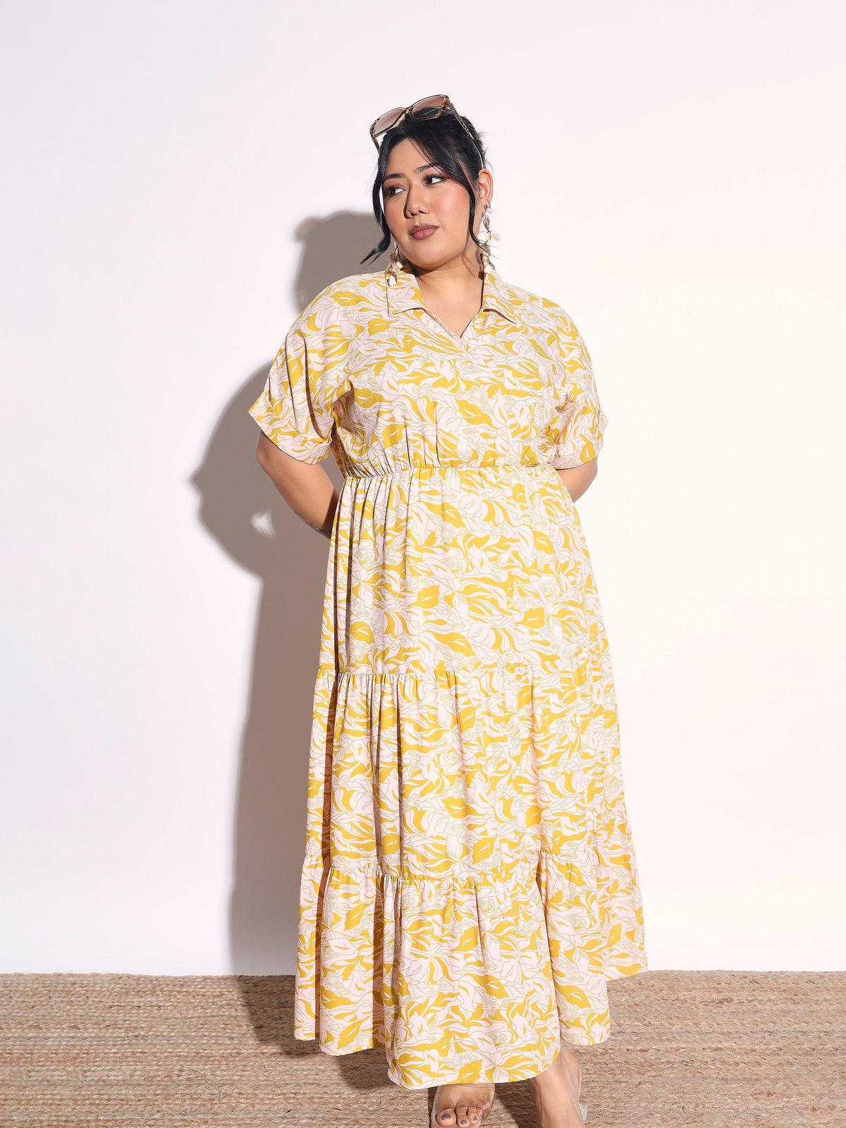 Yellow Floral Wrap Tiered Midi Dress-SASSAFRAS Curve