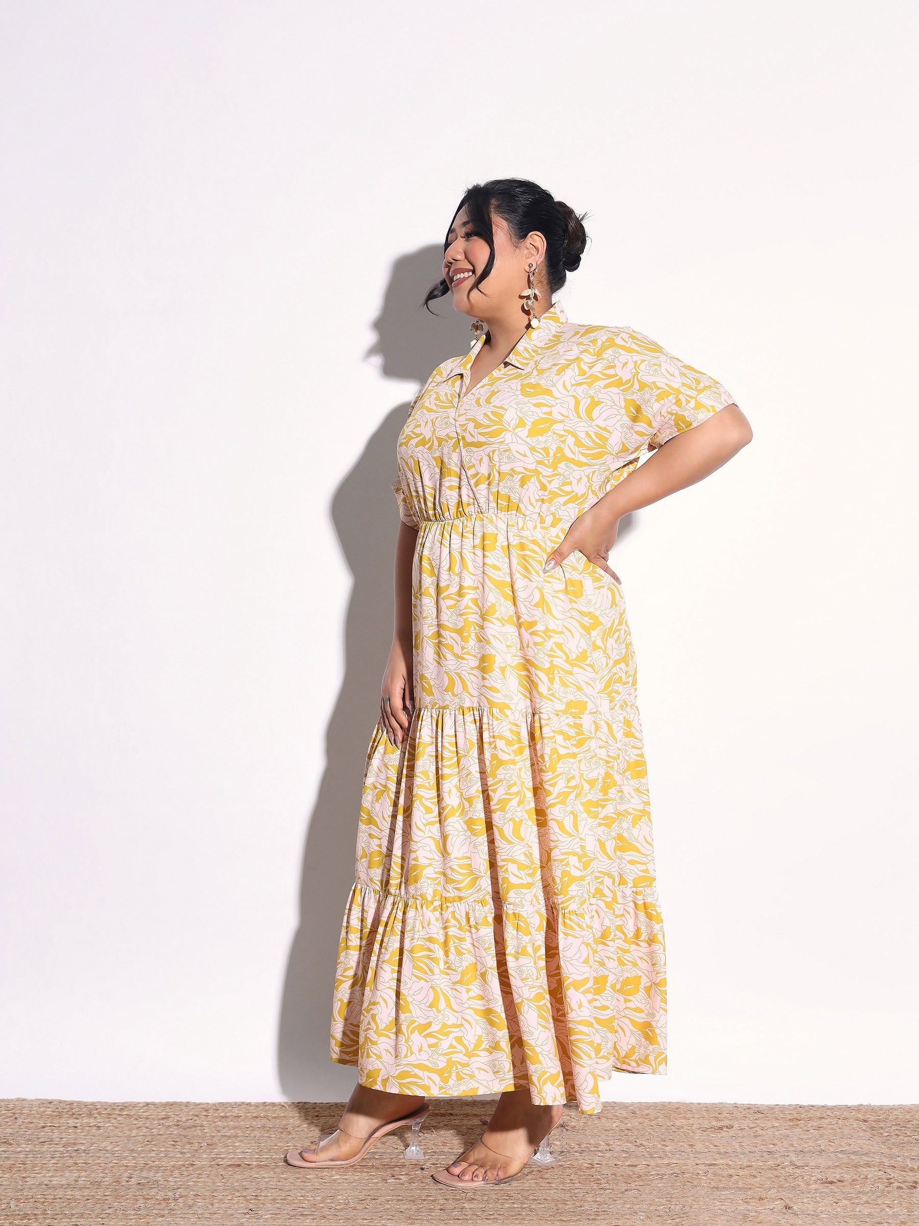 Yellow Floral Wrap Tiered Midi Dress-SASSAFRAS Curve