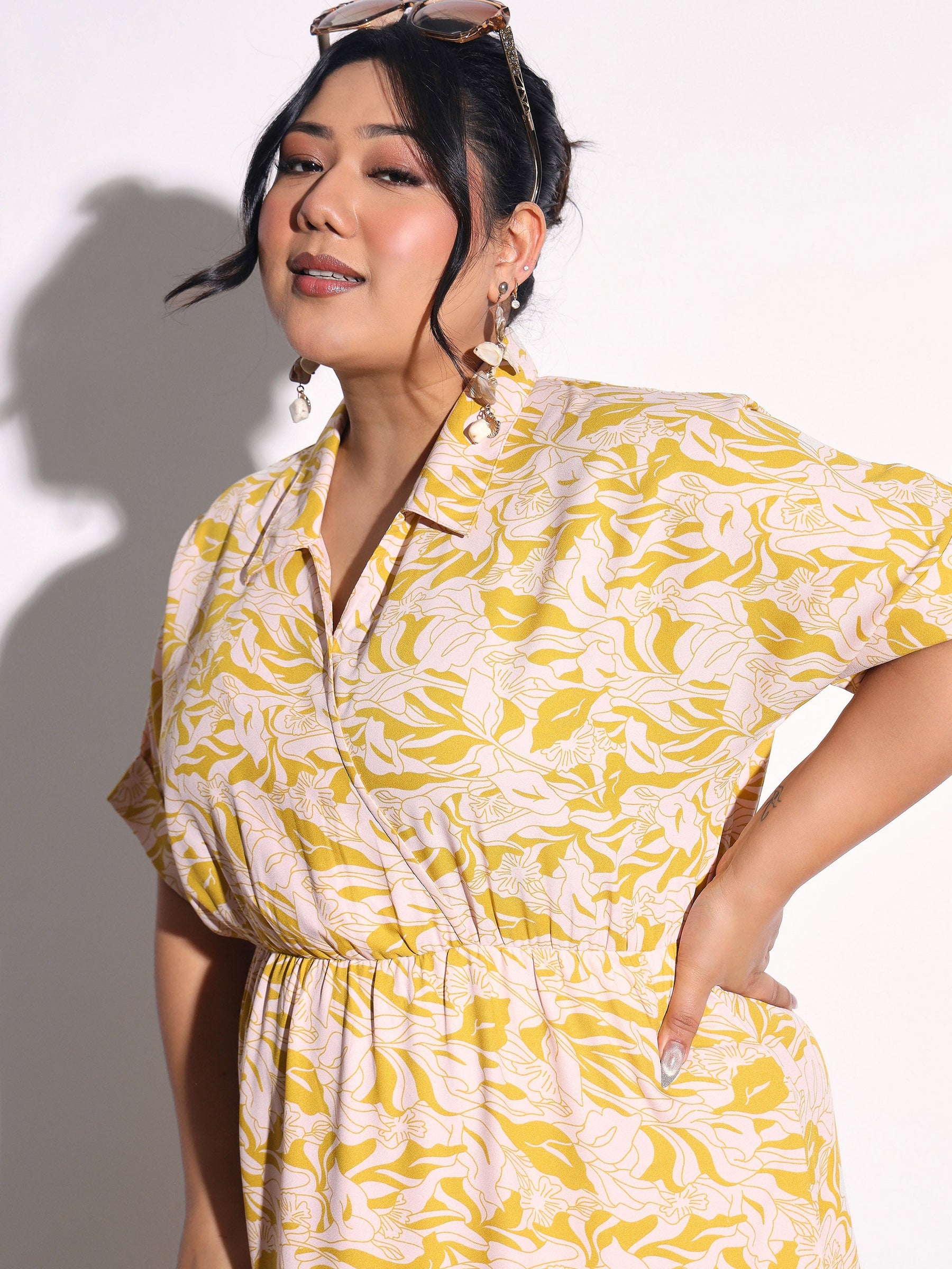 Yellow Floral Wrap Tiered Midi Dress-SASSAFRAS Curve