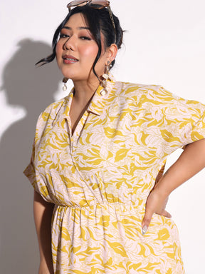 Yellow Floral Wrap Tiered Midi Dress-SASSAFRAS Curve