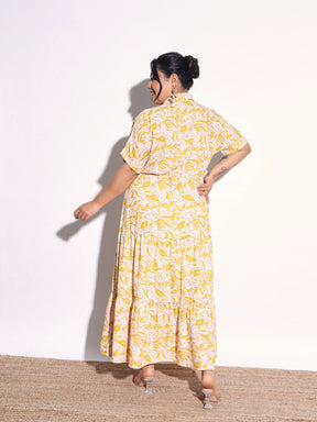 Yellow Floral Wrap Tiered Midi Dress-SASSAFRAS Curve