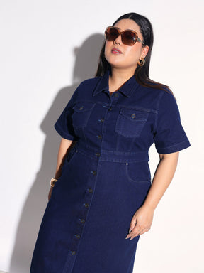 Navy Denim Front Button Shirt Dress-SASSAFRAS Curve