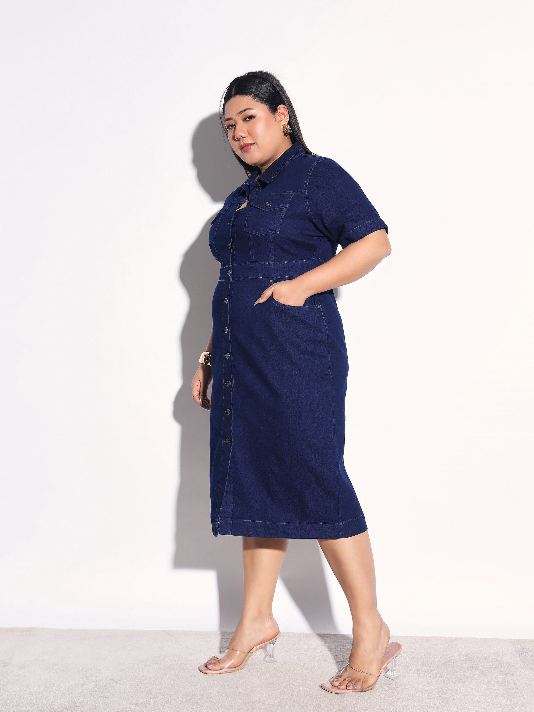 Navy Denim Front Button Shirt Dress-SASSAFRAS Curve