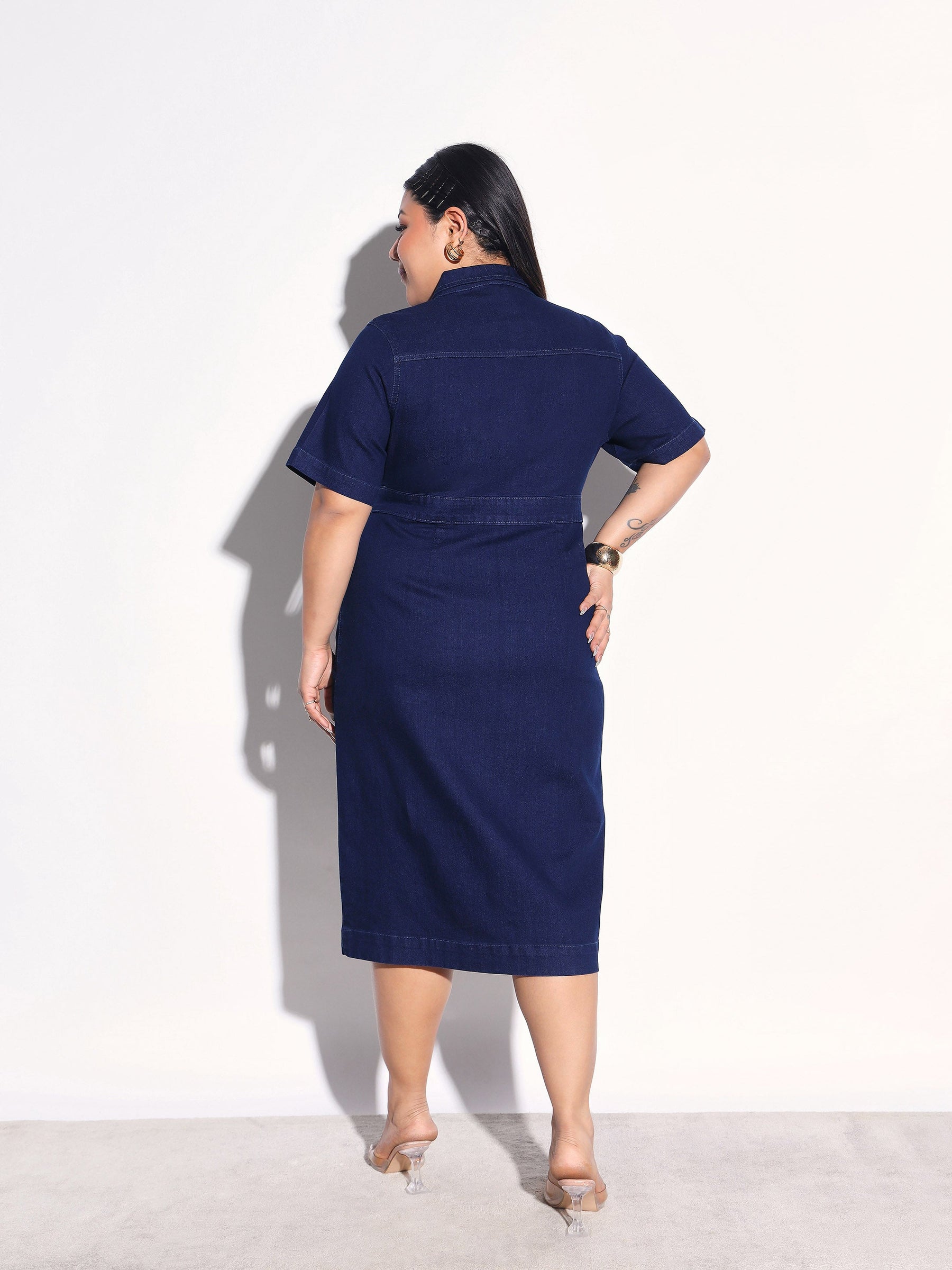 Navy Denim Front Button Shirt Dress-SASSAFRAS Curve