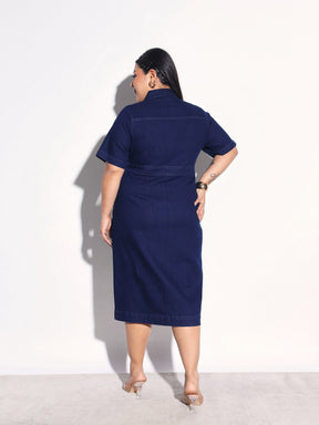 Navy Denim Front Button Shirt Dress-SASSAFRAS Curve