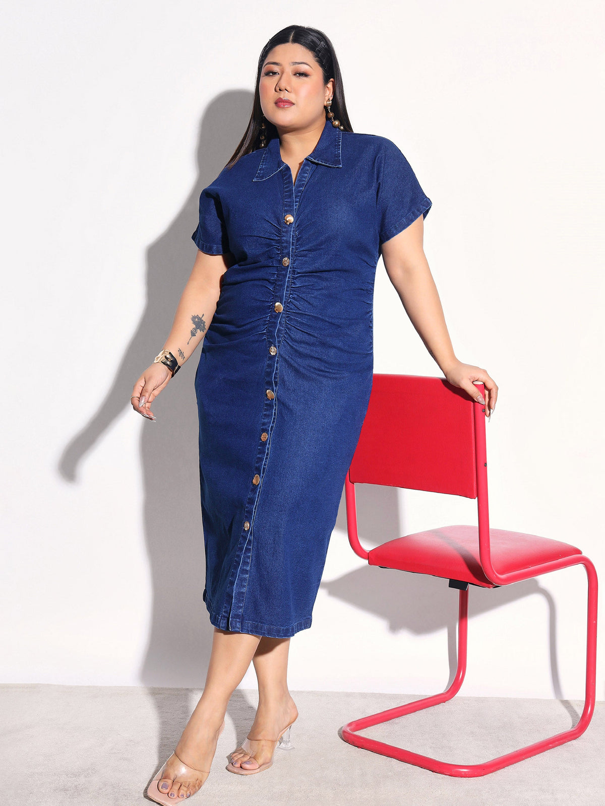 Navy Denim Front Ruching Bodycon Dress-SASSAFRAS Curve