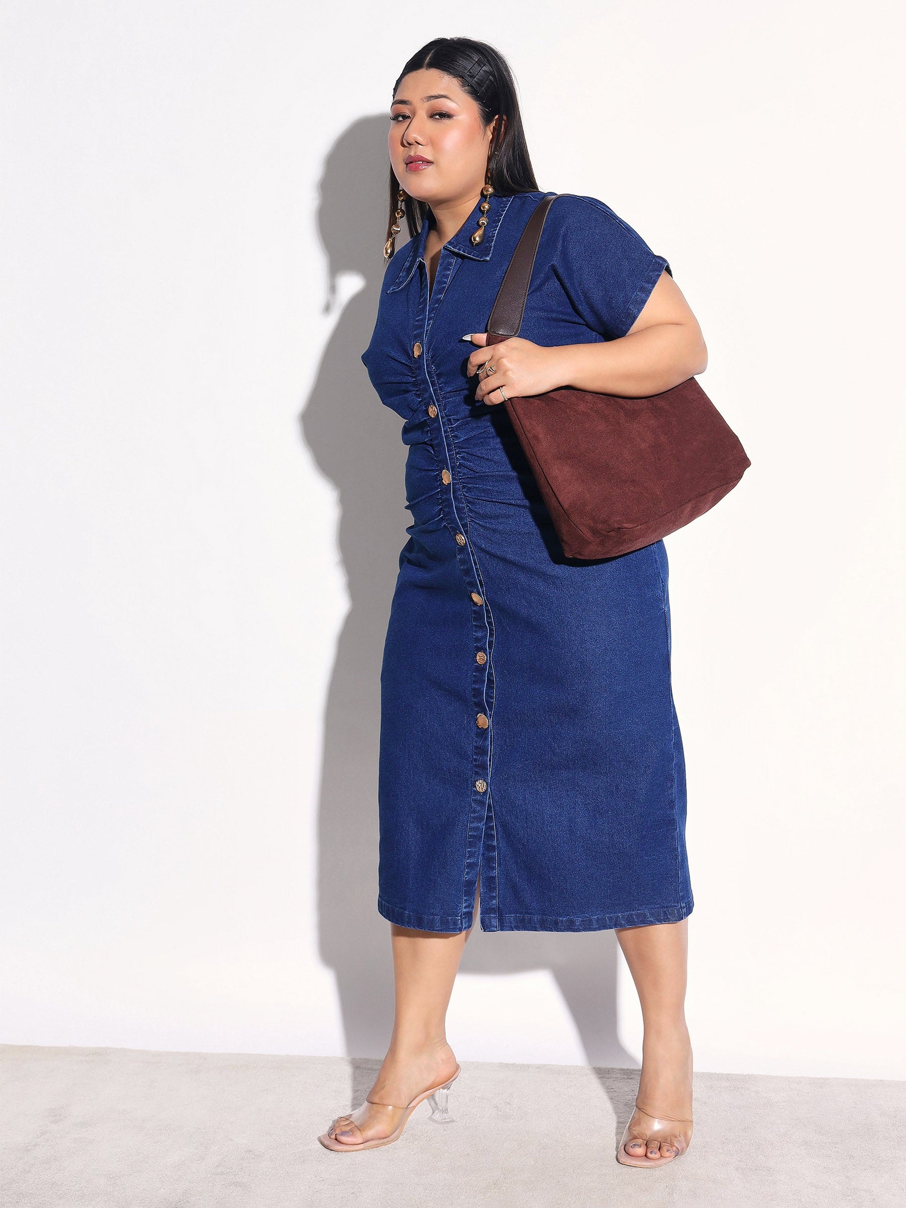 Navy Denim Front Ruching Bodycon Dress-SASSAFRAS Curve