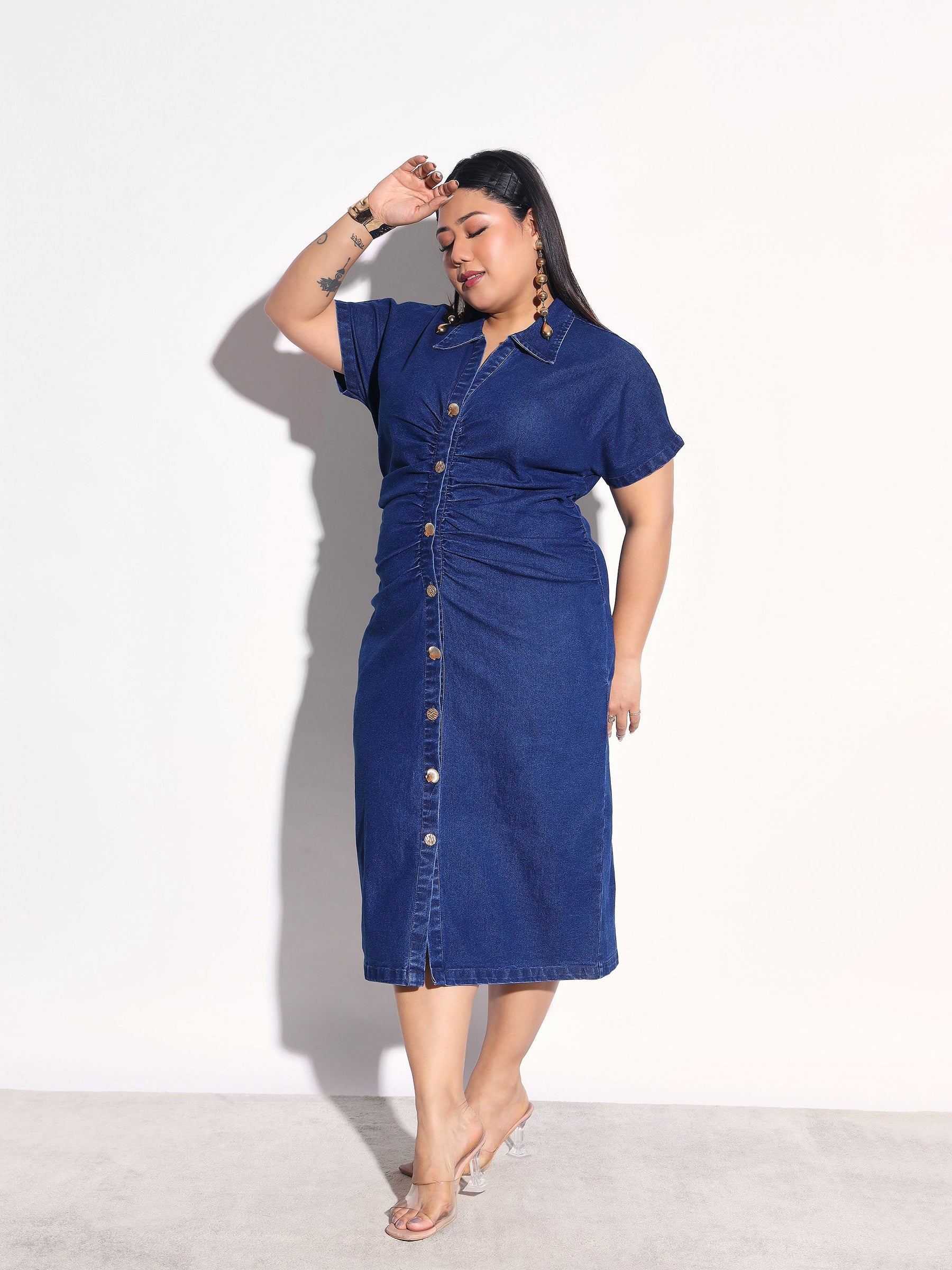 Navy Denim Front Ruching Bodycon Dress-SASSAFRAS Curve