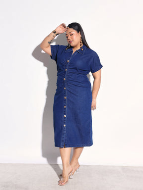 Navy Denim Front Ruching Bodycon Dress-SASSAFRAS Curve