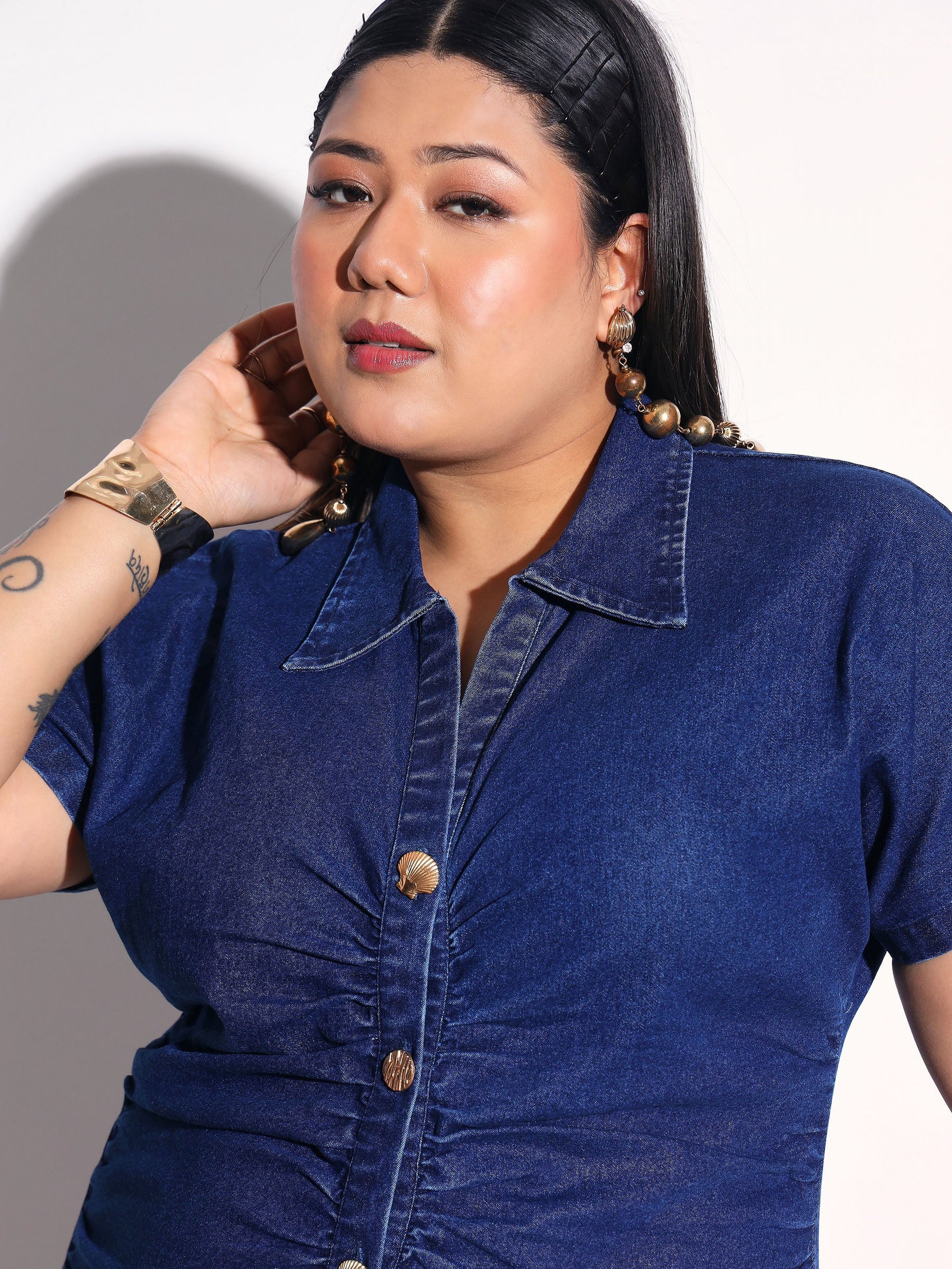 Navy Denim Front Ruching Bodycon Dress-SASSAFRAS Curve