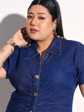 Navy Denim Front Ruching Bodycon Dress-SASSAFRAS Curve