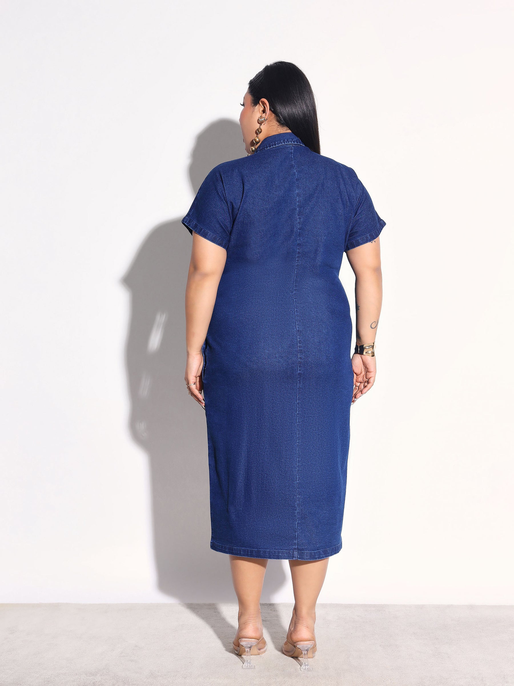 Women Navy Denim Front Ruching Bodycon Dress