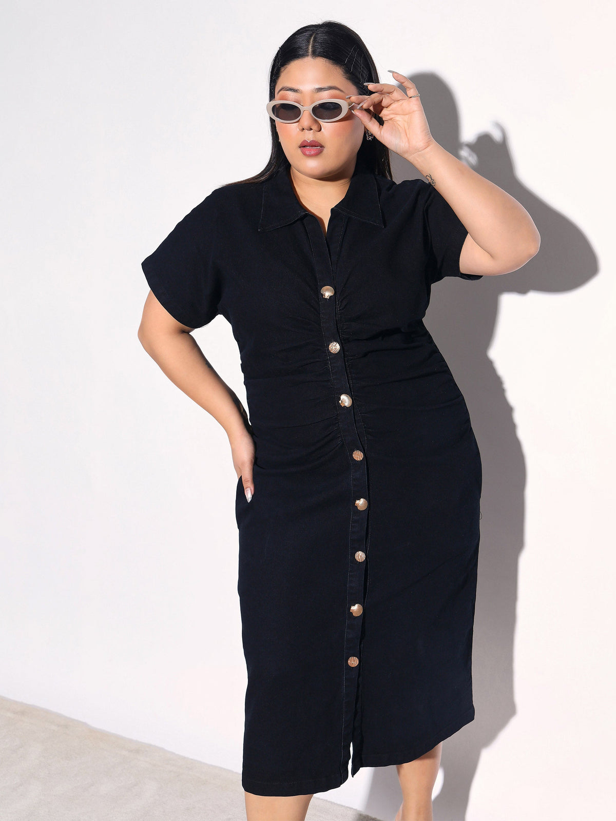 Black Blast Denim Front Ruching Bodycon Dress-SASSAFRAS Curve