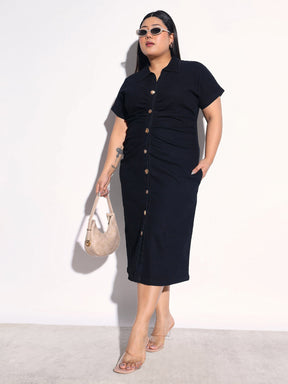 Black Blast Denim Front Ruching Bodycon Dress-SASSAFRAS Curve