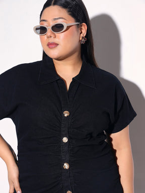 Black Blast Denim Front Ruching Bodycon Dress-SASSAFRAS Curve