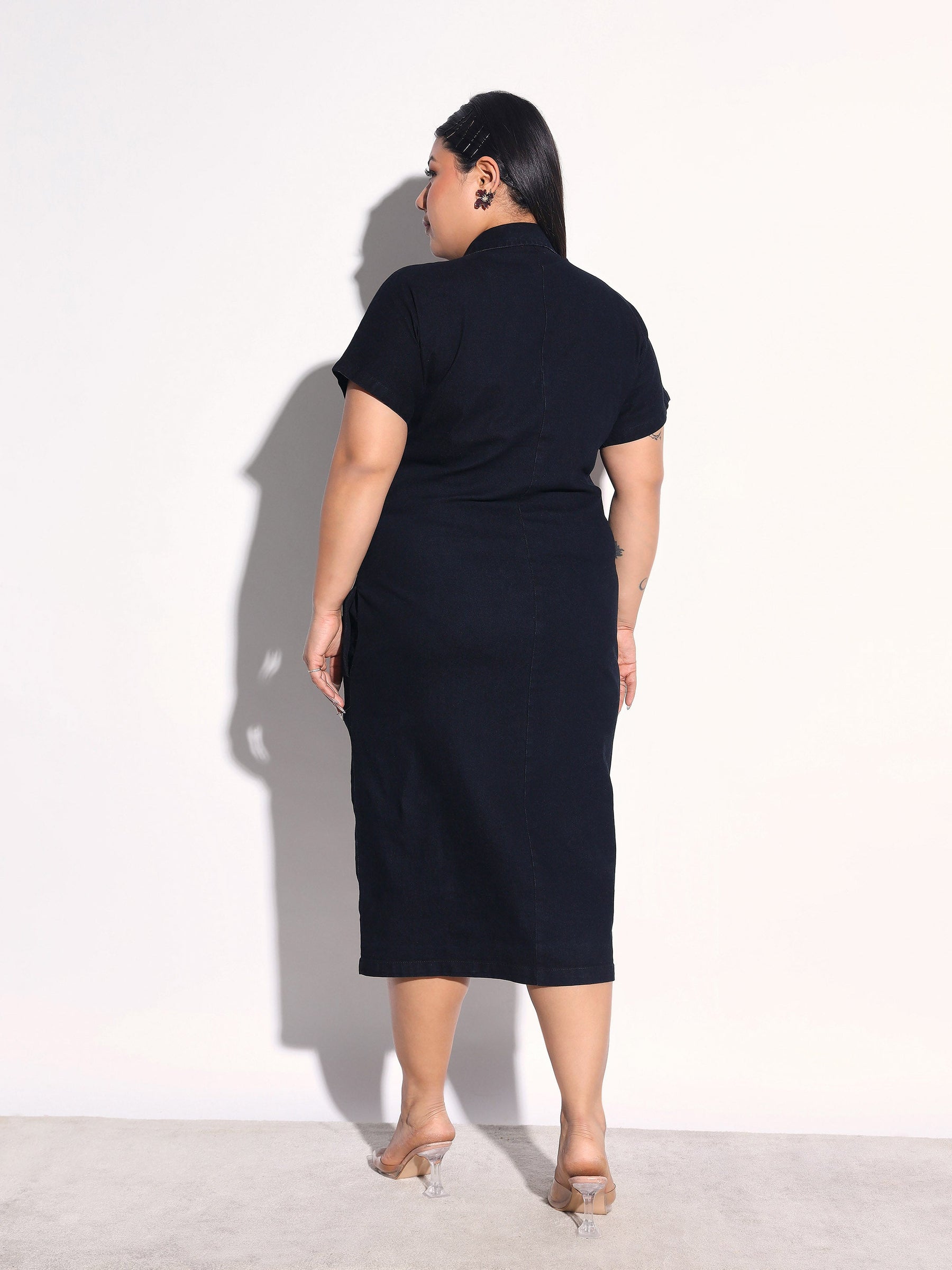 Black Blast Denim Front Ruching Bodycon Dress-SASSAFRAS Curve