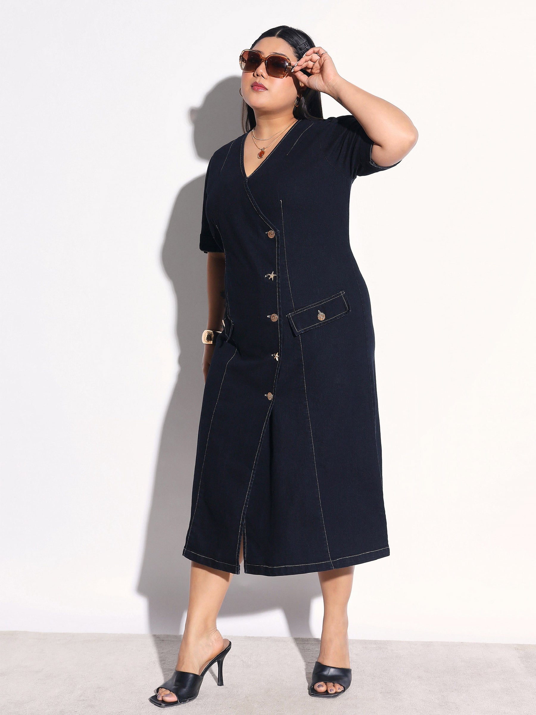 Black Blast Denim Wrap A-Line Midi Dress-SASSAFRAS Curve