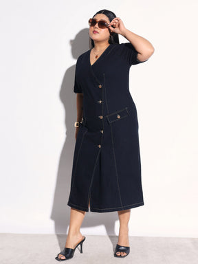 Black Blast Denim Wrap A-Line Midi Dress-SASSAFRAS Curve