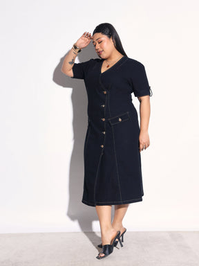 Black Blast Denim Wrap A-Line Midi Dress-SASSAFRAS Curve