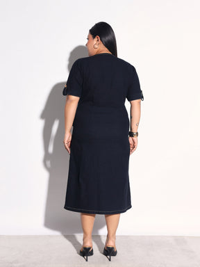 Black Blast Denim Wrap A-Line Midi Dress-SASSAFRAS Curve