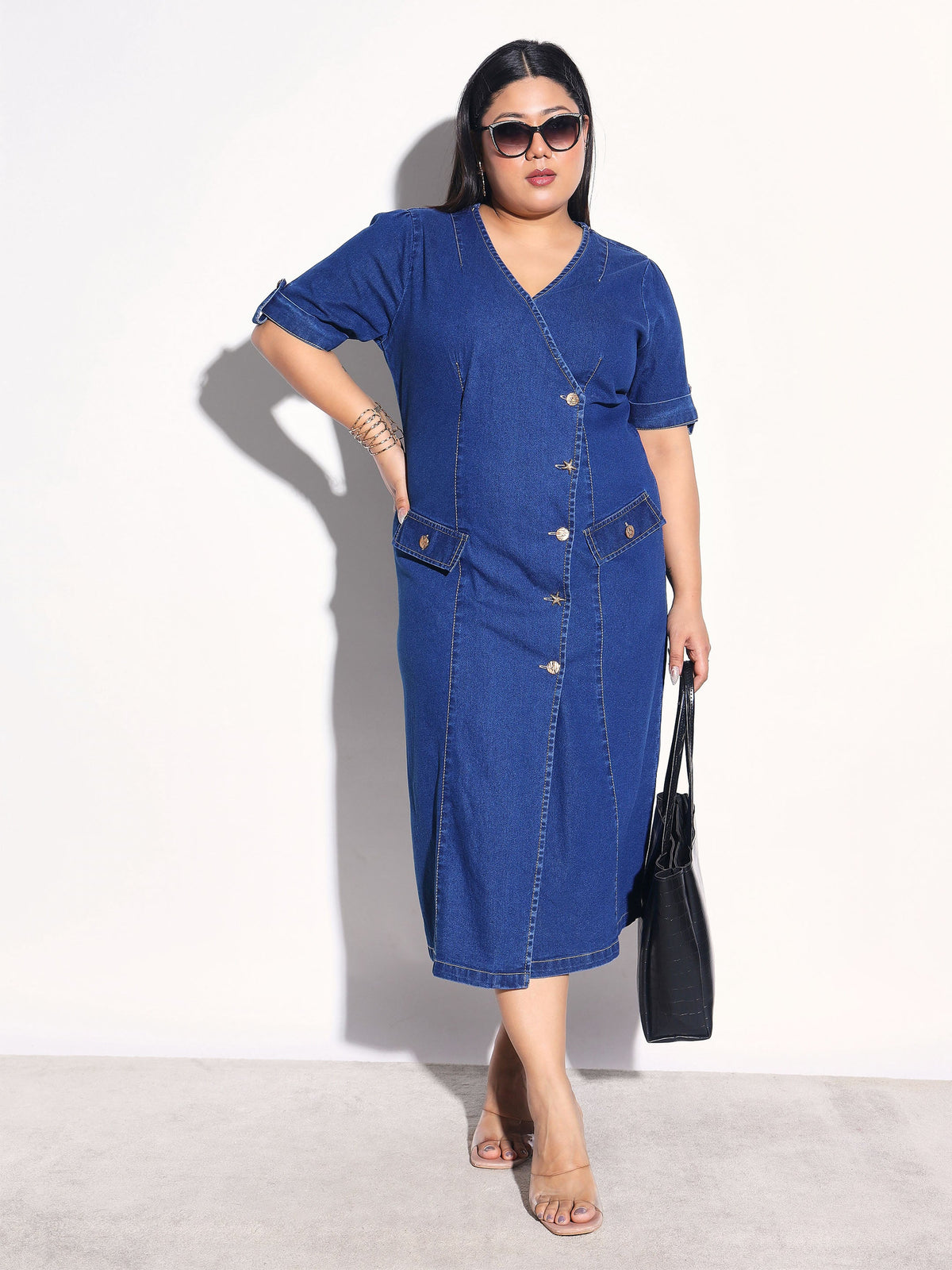 Navy Wash Denim Wrap A-Line Midi Dress-SASSAFRAS Curve