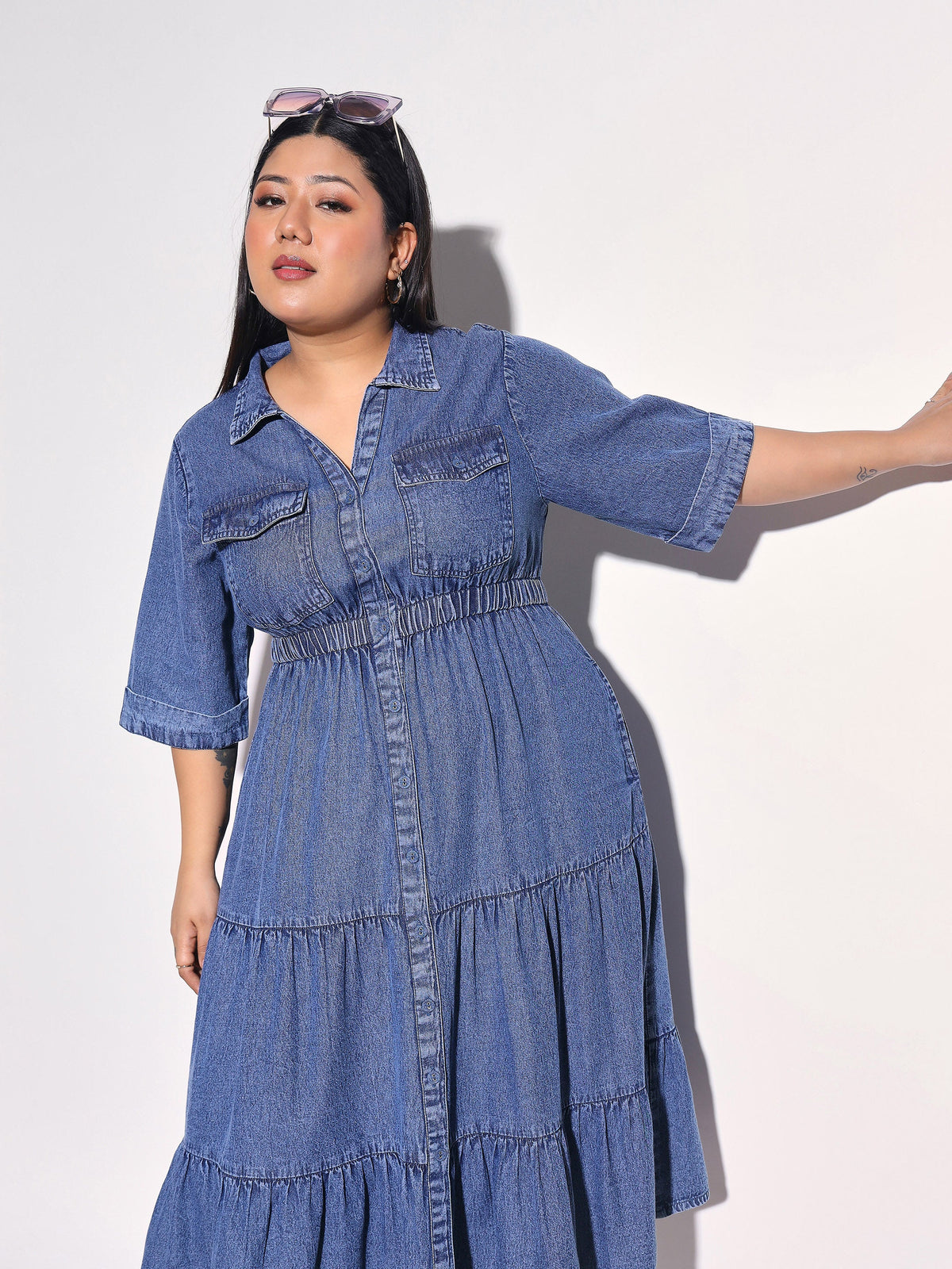 Navy Wash Tencel Collar Neck Tiered Midi Dress-SASSAFRAS Curve