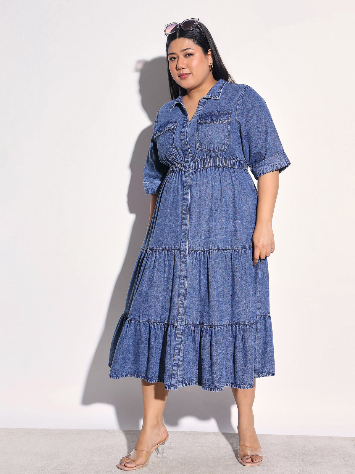 Navy Wash Tencel Collar Neck Tiered Midi Dress-SASSAFRAS Curve