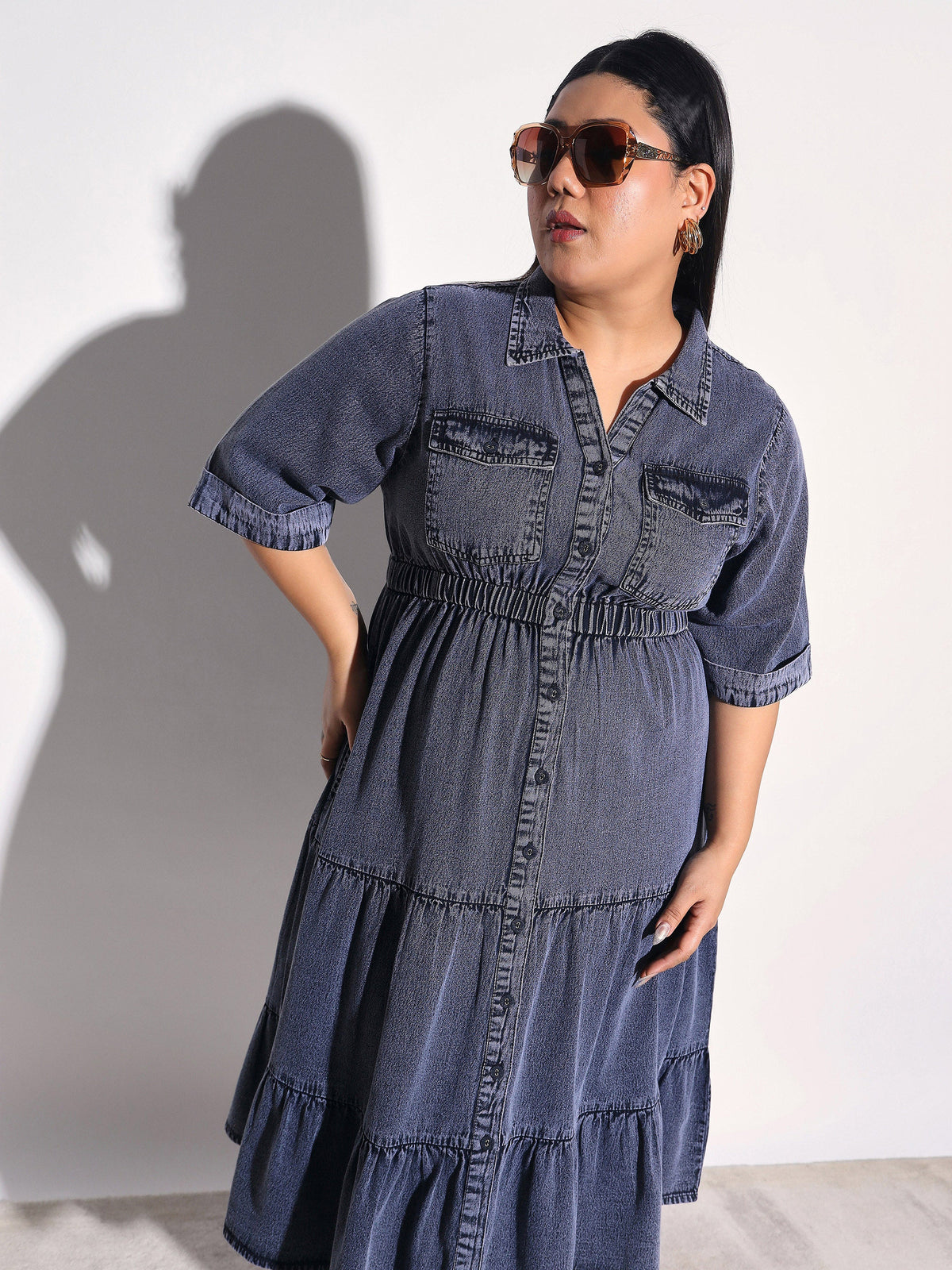 Black Wash Tencel Collar Neck Tiered Midi Dress-SASSAFRAS Curve