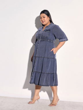 Black Wash Tencel Collar Neck Tiered Midi Dress-SASSAFRAS Curve