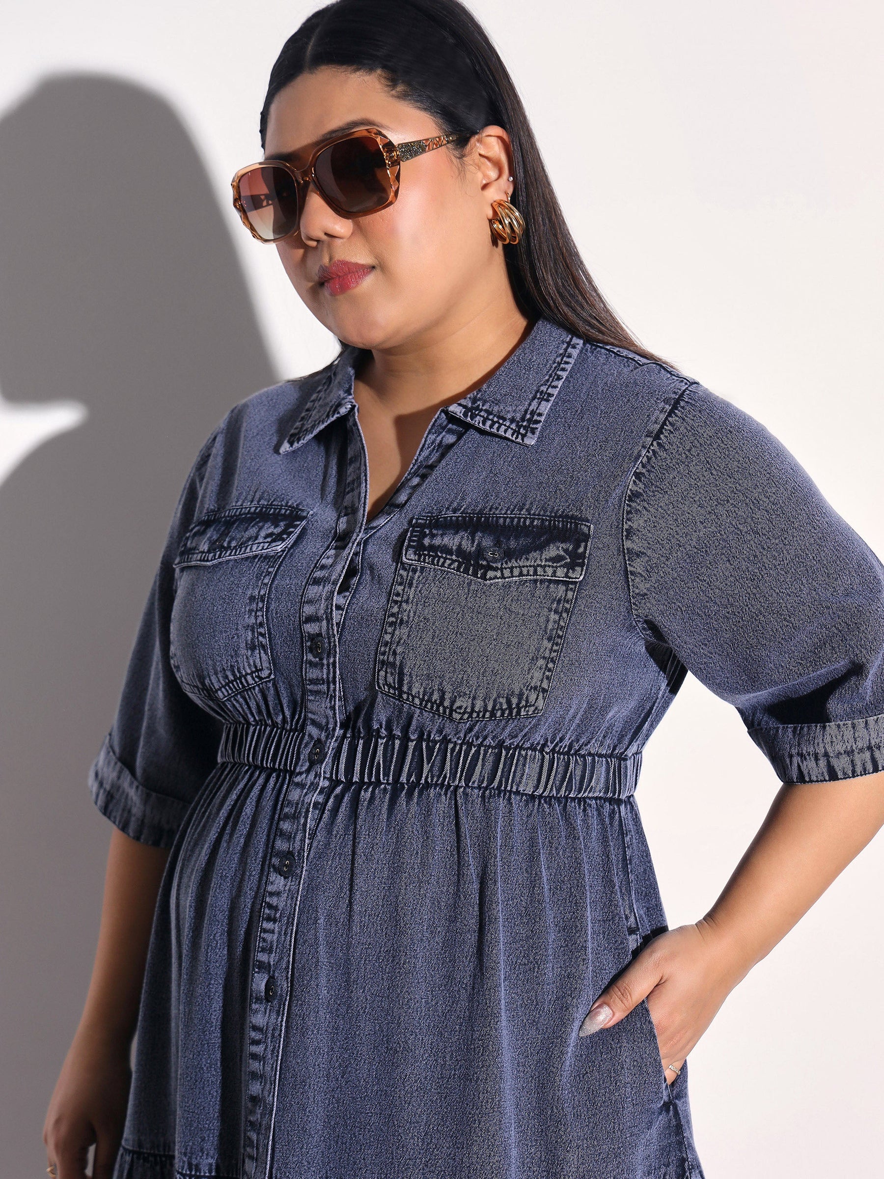 Black Wash Tencel Collar Neck Tiered Midi Dress-SASSAFRAS Curve