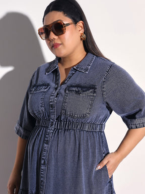 Black Wash Tencel Collar Neck Tiered Midi Dress-SASSAFRAS Curve