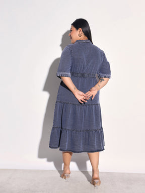 Black Wash Tencel Collar Neck Tiered Midi Dress-SASSAFRAS Curve