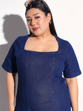 Navy Blue Denim Short Sleeves Bodycon Dress-SASSAFRAS Curve