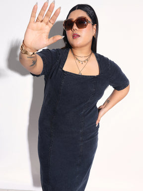 Black Denim Wash Short Sleeves Bodycon Dress-SASSAFRAS Curve