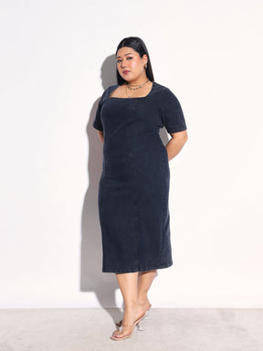 Black Denim Wash Short Sleeves Bodycon Dress-SASSAFRAS Curve