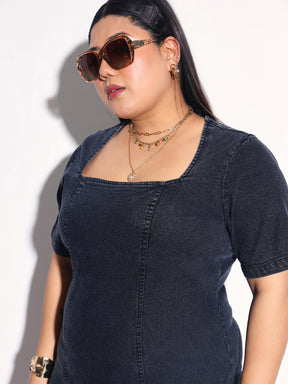 Black Denim Wash Short Sleeves Bodycon Dress-SASSAFRAS Curve