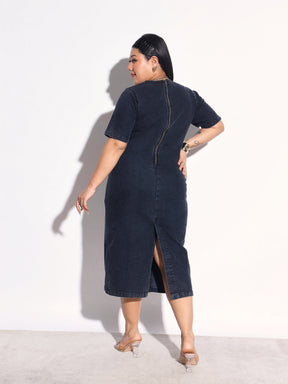 Black Denim Wash Short Sleeves Bodycon Dress-SASSAFRAS Curve