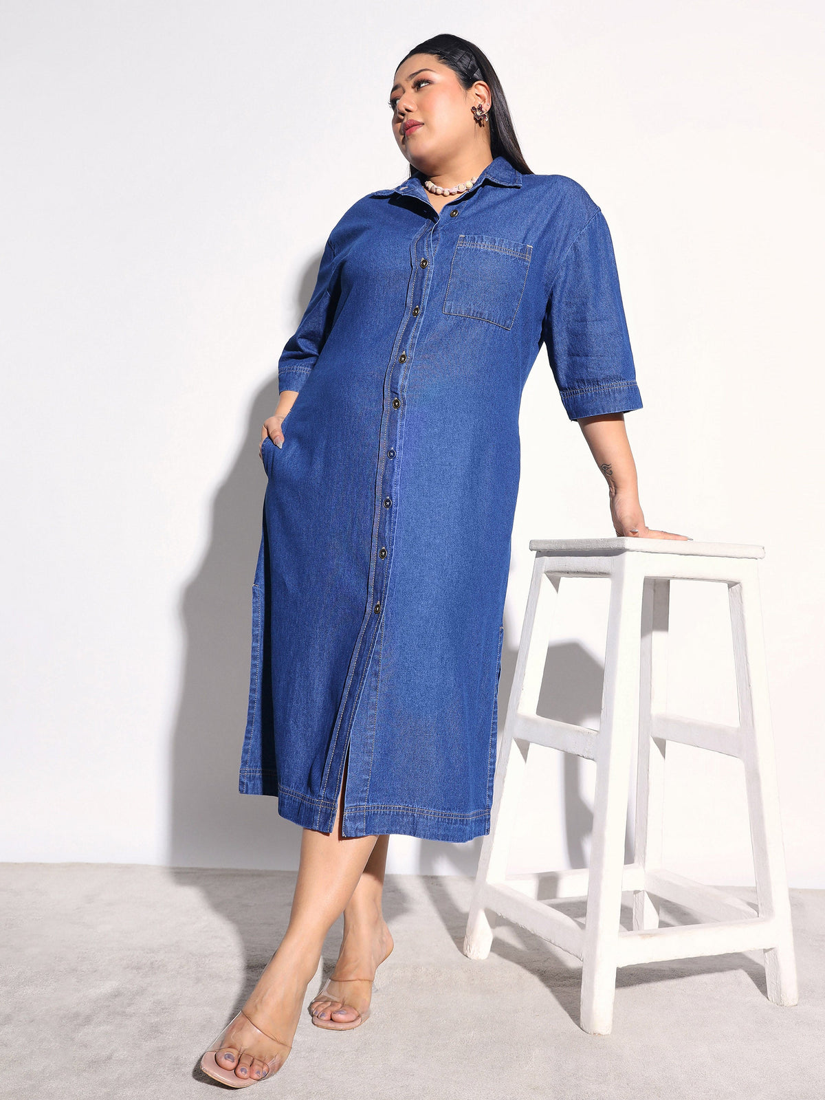 Navy Blue Tencel Button Down Shirt Midi Dress-SASSAFRAS Curve