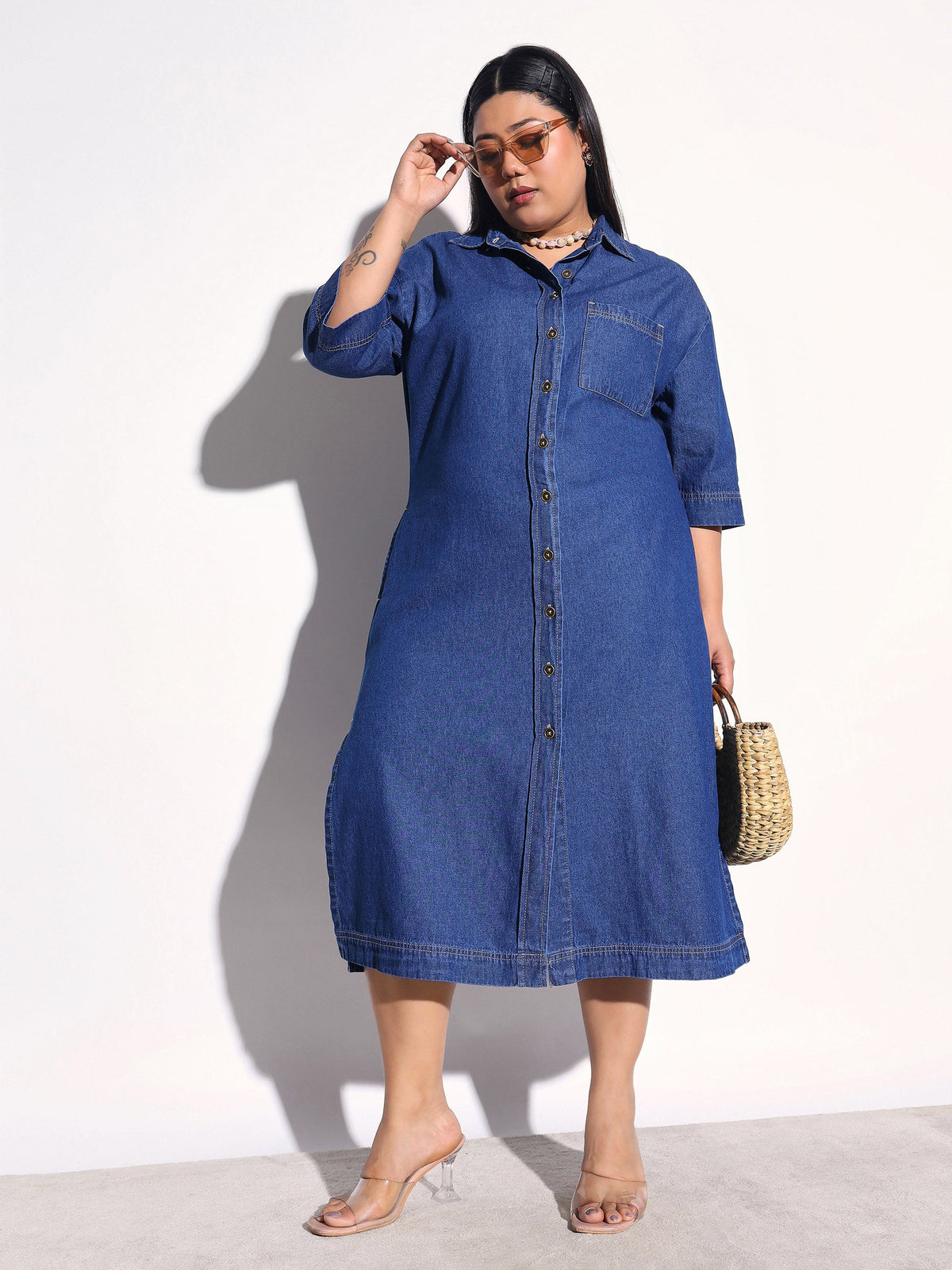 Navy Blue Tencel Button Down Shirt Midi Dress-SASSAFRAS Curve