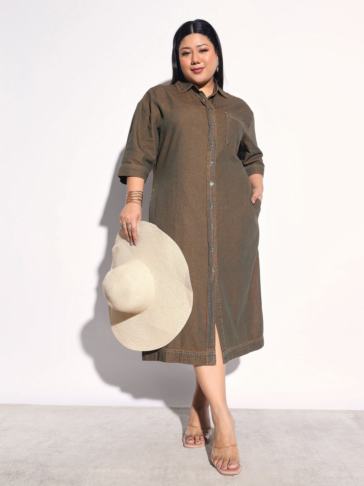 Green Wash Tencel Button Down Shirt Midi Dress-SASSAFRAS Curve
