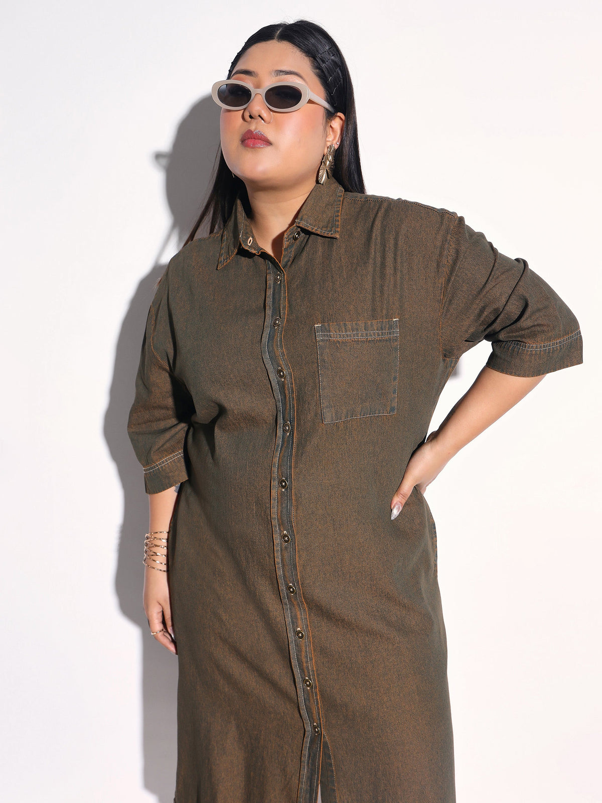 Green Wash Tencel Button Down Shirt Midi Dress-SASSAFRAS Curve