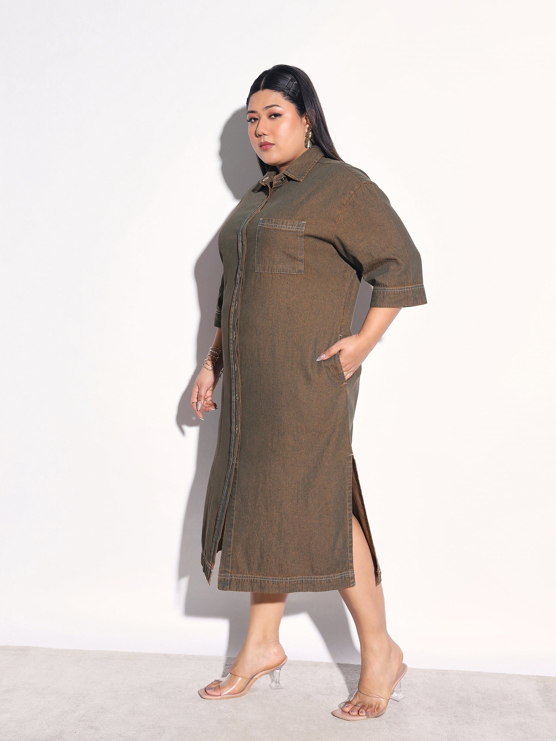 Green Wash Tencel Button Down Shirt Midi Dress-SASSAFRAS Curve