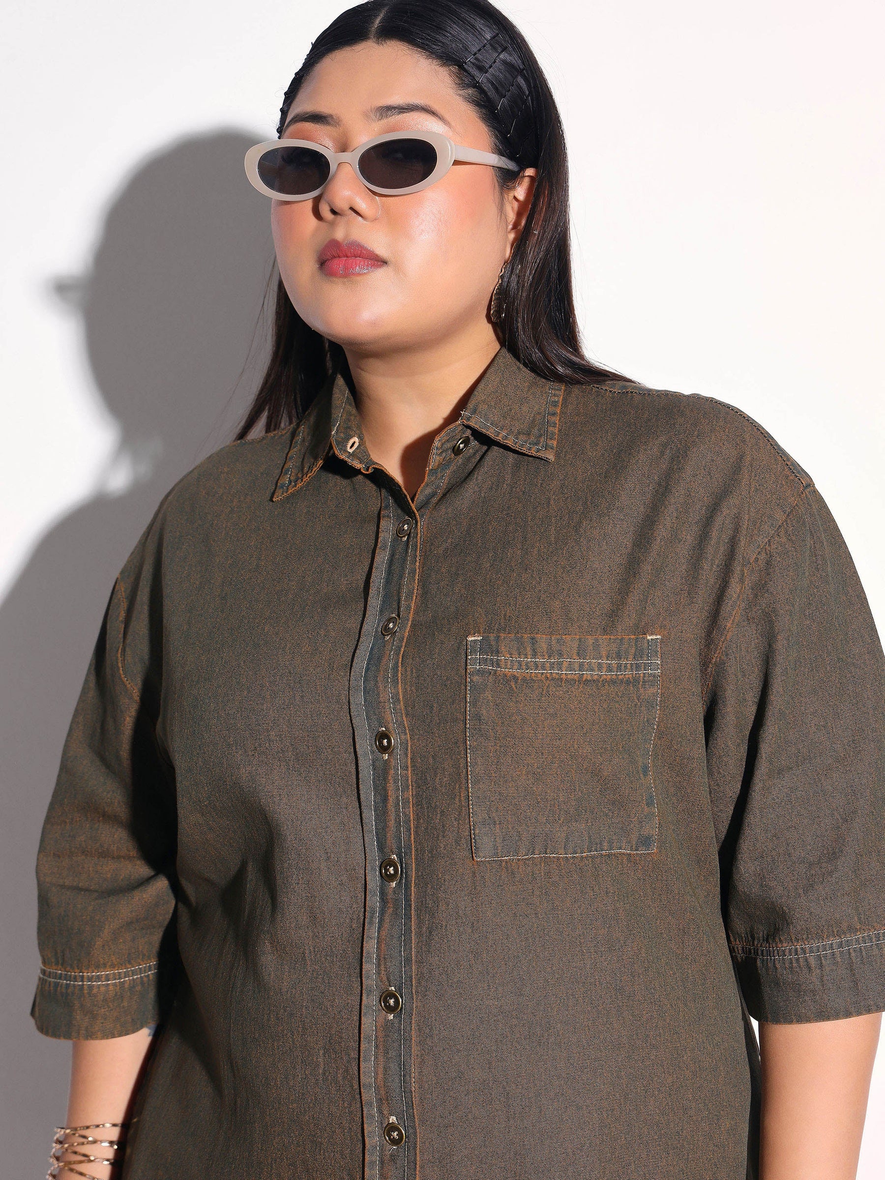 Green Wash Tencel Button Down Shirt Midi Dress-SASSAFRAS Curve