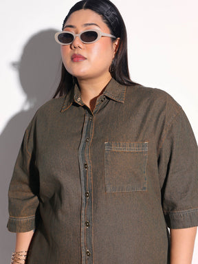 Green Wash Tencel Button Down Shirt Midi Dress-SASSAFRAS Curve