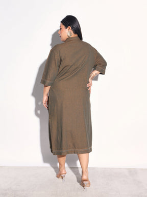 Green Wash Tencel Button Down Shirt Midi Dress-SASSAFRAS Curve